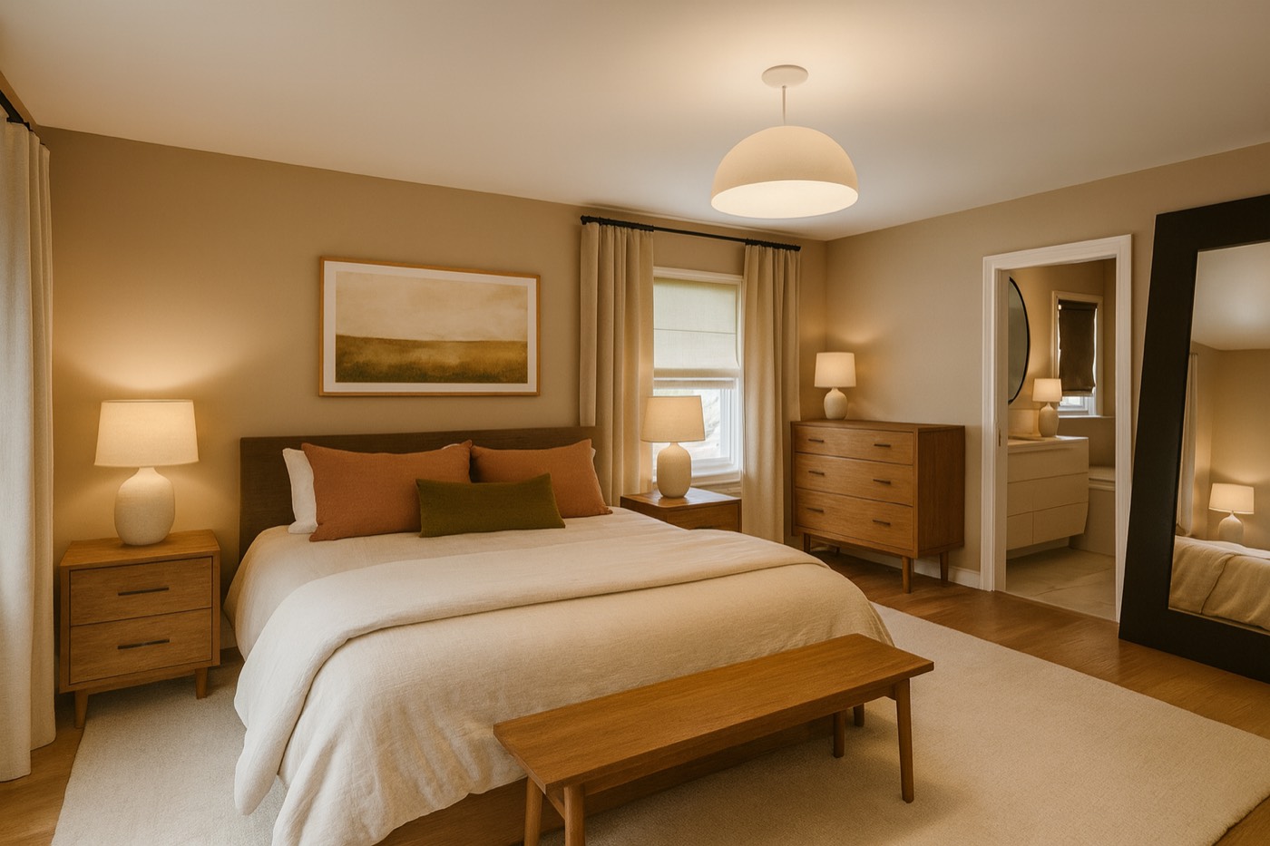 Concept A — warm greige, walnut, linen, rust and olive