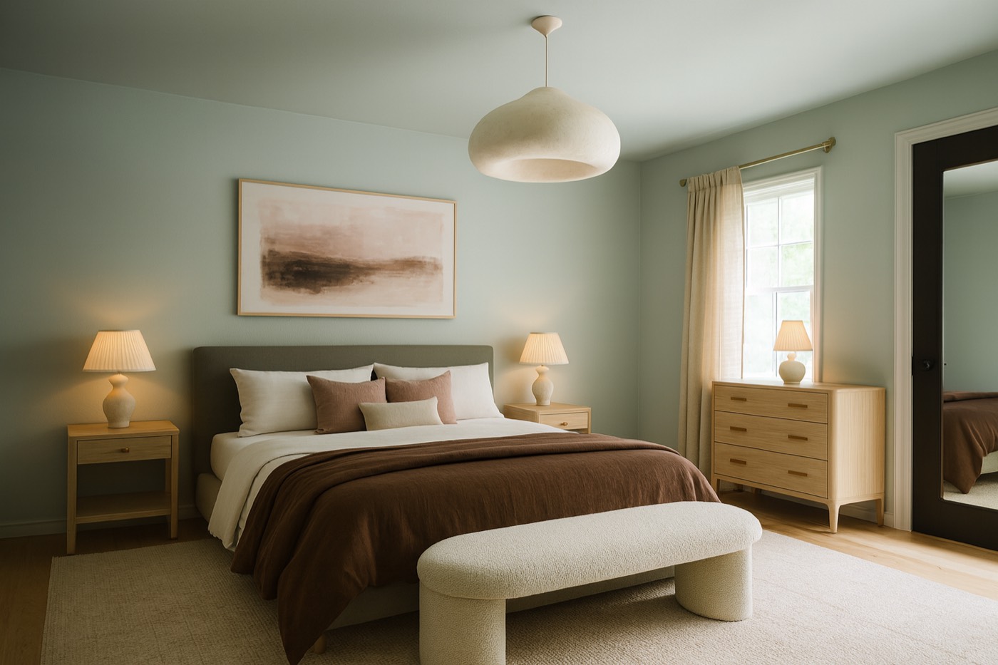 Concept C — milky blue-gray-sage, light oak, plaster, brass