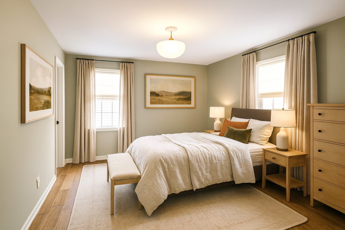 2026 — sage-greige, white oak, plaster dome, rust and olive