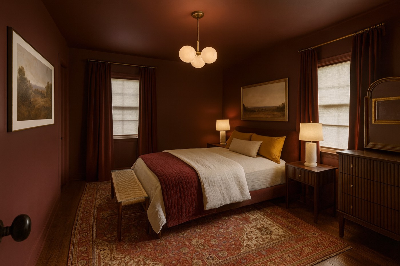 2028 — chocolate-plum drench, alabaster and brass, Persian rug, oxblood velvet, old paintings