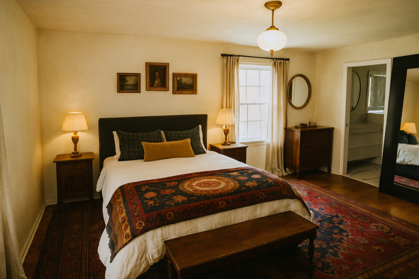 Concept V — cream plaster, old paintings, dark walnut, real rug, suzani